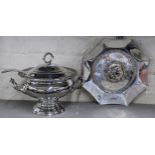 A silver plated twin handled lidded soup tureen and ladle, together with a silver plated silver