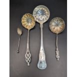 A Scottish silver sifter spoon, Kings pattern, tow other silver sifter spoons and a salt spoon, 6.2g