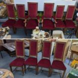 A set of ten early/20th century oak high back dining chairs, two being carvers having red upholstery