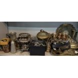 A mixed lot of silver plated items to include trays, cutlery, candle holders, and others together