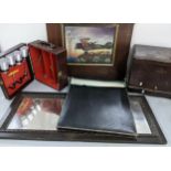 A mixed lot to include an empty Remy Martin Cognac box, oil paining, mirror and other items.