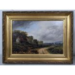 A Victorian oil on board depicting a country landscape, signed to the lower right corner, Location: