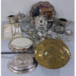 A mixed lot of silver plate to include a teapot, card tray and other items together with a 19th