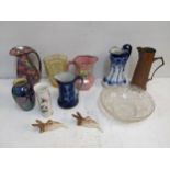 Ceramics and glass to include a Mailen jug, a Portmeirion vase and a copper and brass Art Noveau jug