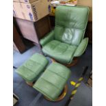 An Ekornes green leather upholstered swivel armchair and two matching stools Location: