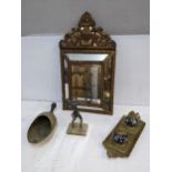Metalware to include a spelter figurine, a brass desk stand and a shovel and a mirror. Location: