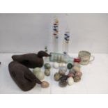 Collectables to include a pair of vintage painted wooden duck decoys, stone eggs, a mug, a ship in a