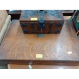 Two wooden boxes; one a Mappin and Webb oak cutlery box and the other a casket with metal strapwork.