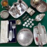 A quantity of silver plated items to include a tankard, 2 vases, 2 galleried trays and a trophy,