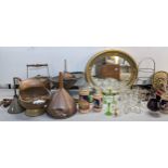 A mixed lot to include a Victorian riveted kettle, coal bucket, oval mirror, tankards, binoculars