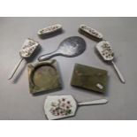 Silver and enamel dressing table items to include brushes, mirrors along with a onyx box A/F and