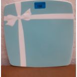 A Tiffany square formed platter with iconic turquoise ground and white ribbon with bow design, 25.