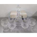 A set of six Waterford Coleen pattern brandy glasses and a Waterford decanter engraved BBC 2 Pro