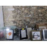 A selection of metal and other items to include various photograph frames, two ceiling bag lights,