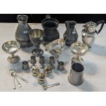 Silver plate and pewter to include a 19th century tankard, a sauce boat, hot water jug and other