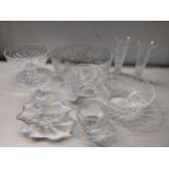 A mixed lot of glassware to include Stuart cut glass raised dish, Baccarat 1970's crystal dish and