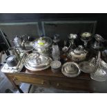 A mixed lot of silver plate and pewter ware to include a four-trumpet epergne holder, Old