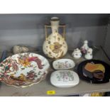 A mixed lot of ceramics to include a Crown Devon blush ivory twin handled vase, Royal Crown Derby