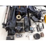 Mixed vintage cameras, accessories and camcorders to include a Nikon Coopix and a JVC compact VHS