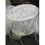 A garden white painted aluminium table, with three chairs and a small circular topped garden