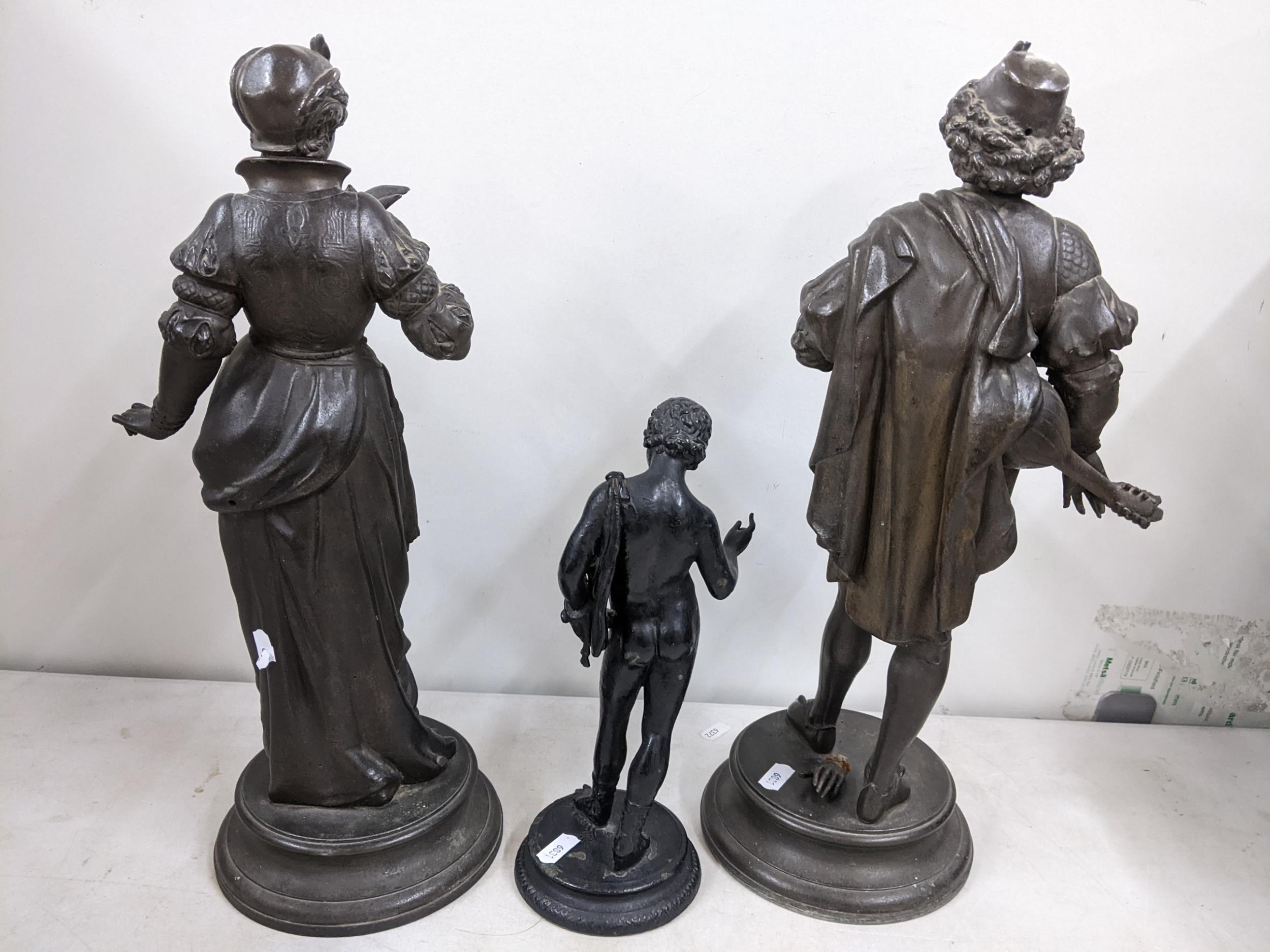 Three Victorian spelter figures to include one of a lady with a bird perched on her hand Location: - Image 2 of 2