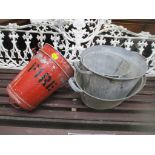 Two painted tin fire buckets and three galvanized in buckets