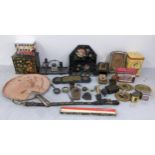 A mixed lot to include a Victorian copper pan, vintage tins, Chainmail purse, Swiss pipe and other