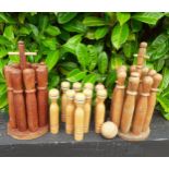 Three sets of 1960's wooden carpet skittles, 2 stands and one ball A/F