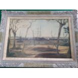 A reproduction oleograph of Edouard Manet's 'Scene on the River Bank Arcachon', 54cm x 354cm, framed