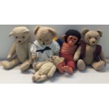 Four mixed unsigned vintage Teddy Bears to include a 40cm example having knitted waistcoat, open
