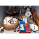 Collectables to include a treen bowl of seashells, vintage kitchen scales, a small painted treen