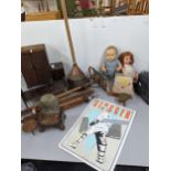 A mixed lot to include a wash dolly, dolls furniture, Casdon toy till, Polaroid camera, bamboo