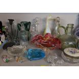 Glassware to include studio glass, a Wedgwood grey glass decorative paperweight, a onion bottle with