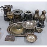 A mixed lot of silver plated items to include three spirit burners, ewers, Mappin & Webb bowl and