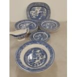 A box of blue and white Willow pattern Staffordshire table ware W.A. Adams & Son comprising 5 dinner