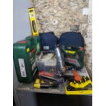 A selection of tools to include a Bosch 750W hammer drill, with separately boxed drill bits, 45