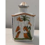 A late 18th century Pratt 'Macoroni' pearlware tea caddy moulded in relief decorated with figures