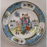 A 19th century Chinese famille rose plate having a blue border and panels decorated with birds and