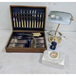 A mixed lot to include a Morden library lamp, along with a canteen of cutlery, a gold on silver