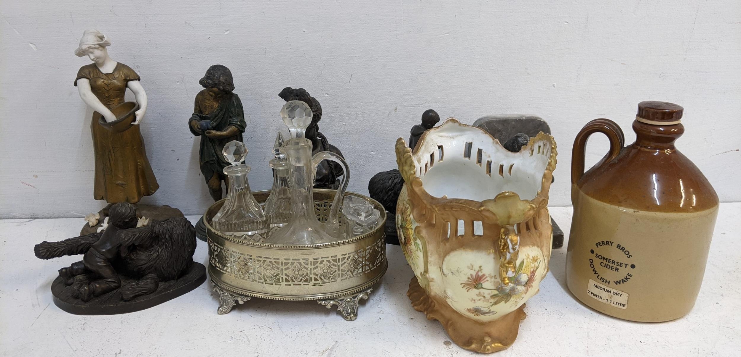 A mixed lot to include spelter figures, a ceramic and gilt spelter woman feeding chickens,