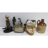 A mixed lot to include spelter figures, a ceramic and gilt spelter woman feeding chickens,