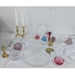 Glassware to include a Waterford paper weight, Oriffors glass bowl, brass ware to include a pair