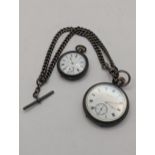 A silver cased Waltham pocket watch on a silver watch chain with T-bar, along with a late 19th/