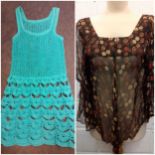 A 1960's turquoise coloured and crotchet mini dress, 24/26" chest x 29" long together with a 1970'