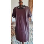 Marccain-An aubergine-coloured faux soft leather knee-length dress with black and white knitted