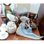 Ceramics to include a musical Toby jug, copper lustre jugs, a Saddler ginger jar, a Nao figure and