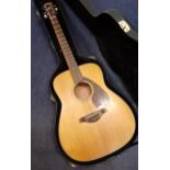 A Yamaha FG 700MS, 6 string acoustic guitar in fitted case, 104cm long x 41cm at widest point.