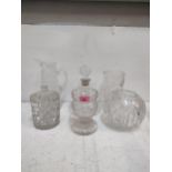 Glassware to include two vases, a decanter, a biscuit jar and a sweetmeat dish Location: