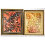 Two modern abstract paintings by C. Houche, one with predominantly reds and blacks, the other with