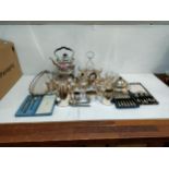 Silver plate to include kettles, teapots, sauceboats and a cruet set and other items Location: